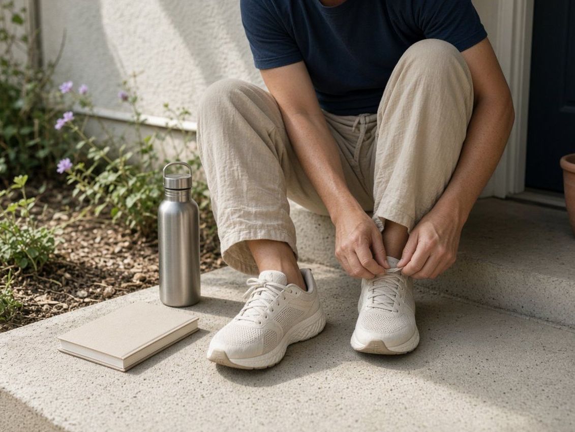 Adult tying running shoes on a step, with a water bottle and closed notebook nearby.