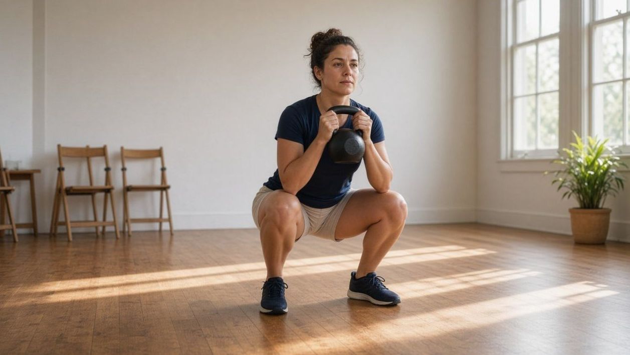 Adult holding a kettlebell at chest height while squatting in a sunlit hall.