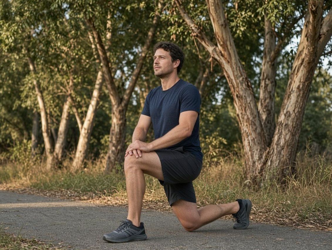 Adult holding a lunge stretch on a path lined with trees.