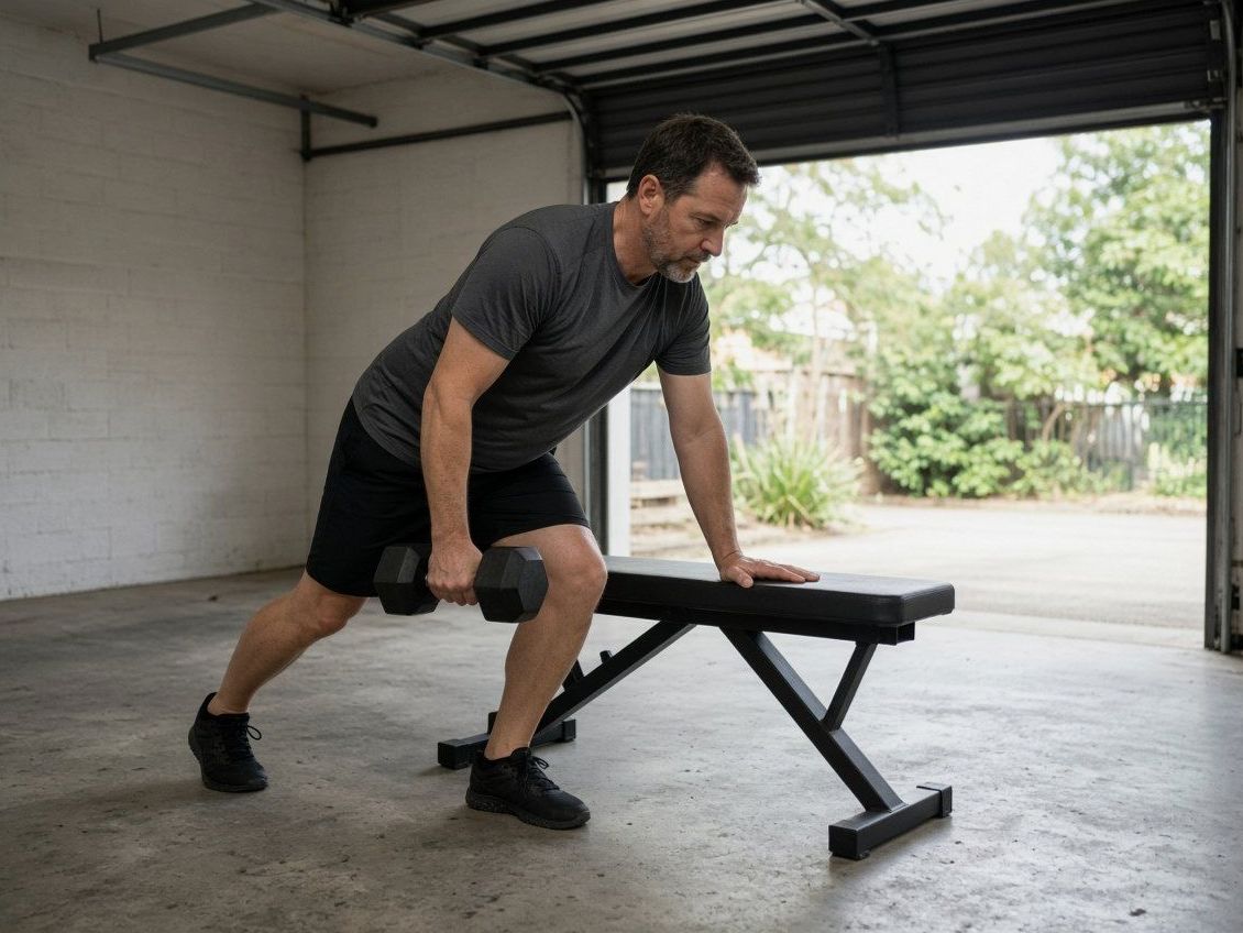 Adult bracing on a bench while rowing a dumbbell in an open garage.