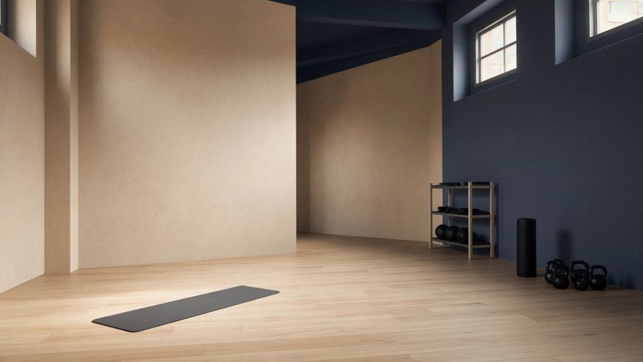 Daylight training room with a wooden floor, kettlebells, and a mat.